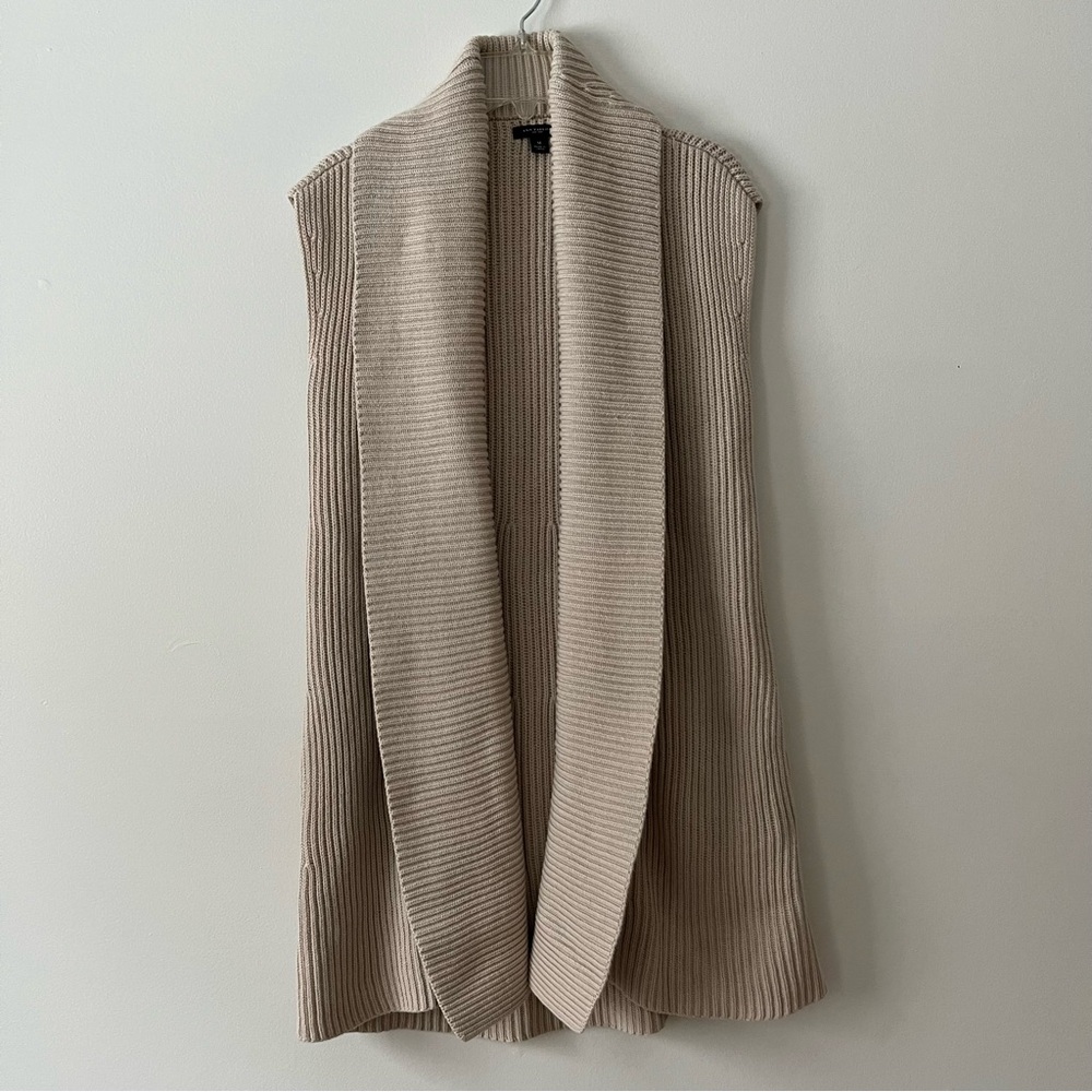 Ann Taylor Long Line Open Cardigan Sweater Vest Medium Neutral Beige Minimalist